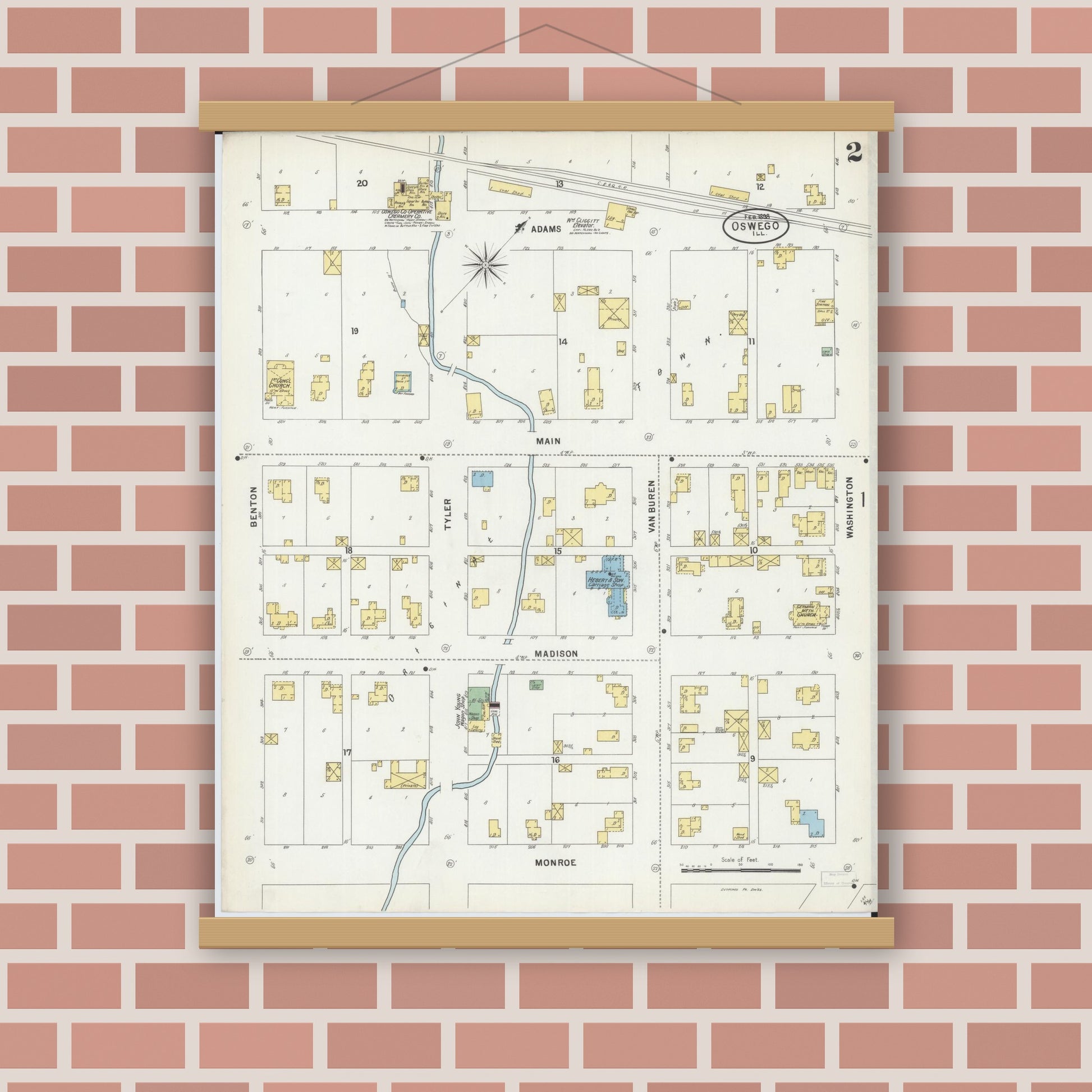 Old map wall art mockup — magnetic wood frame on brick wall — Sanborn Fire Insurance Map from Oswego, Kendall County, Illinois (1898), Sheet #0002
