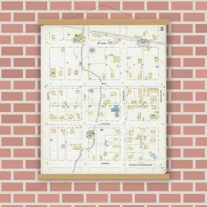Old map wall art mockup — magnetic wood frame on brick wall — Sanborn Fire Insurance Map from Oswego, Kendall County, Illinois (1898), Sheet #0002