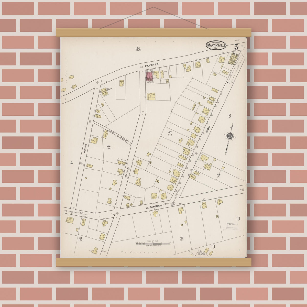 Old map wall art mockup — magnetic wood frame on brick wall — Sanborn Fire Insurance Map from Martinsville, Independent Cities, Virginia (1922), Sheet #0005