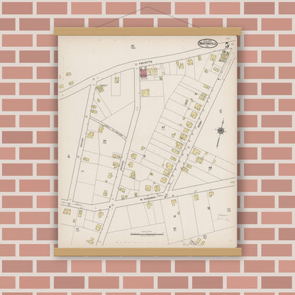 Old map wall art mockup — magnetic wood frame on brick wall — Sanborn Fire Insurance Map from Martinsville, Independent Cities, Virginia (1922), Sheet #0005