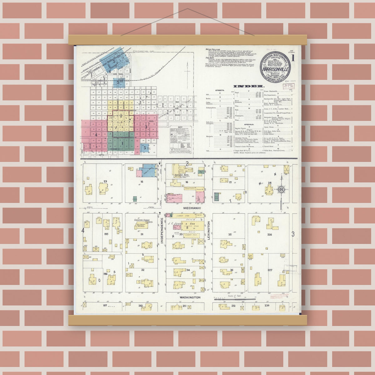 Old map wall art mockup — magnetic wood frame on brick wall — Sanborn Fire Insurance Map from Harrisonville, Cass County, Missouri (1909) - Complete Map Set
