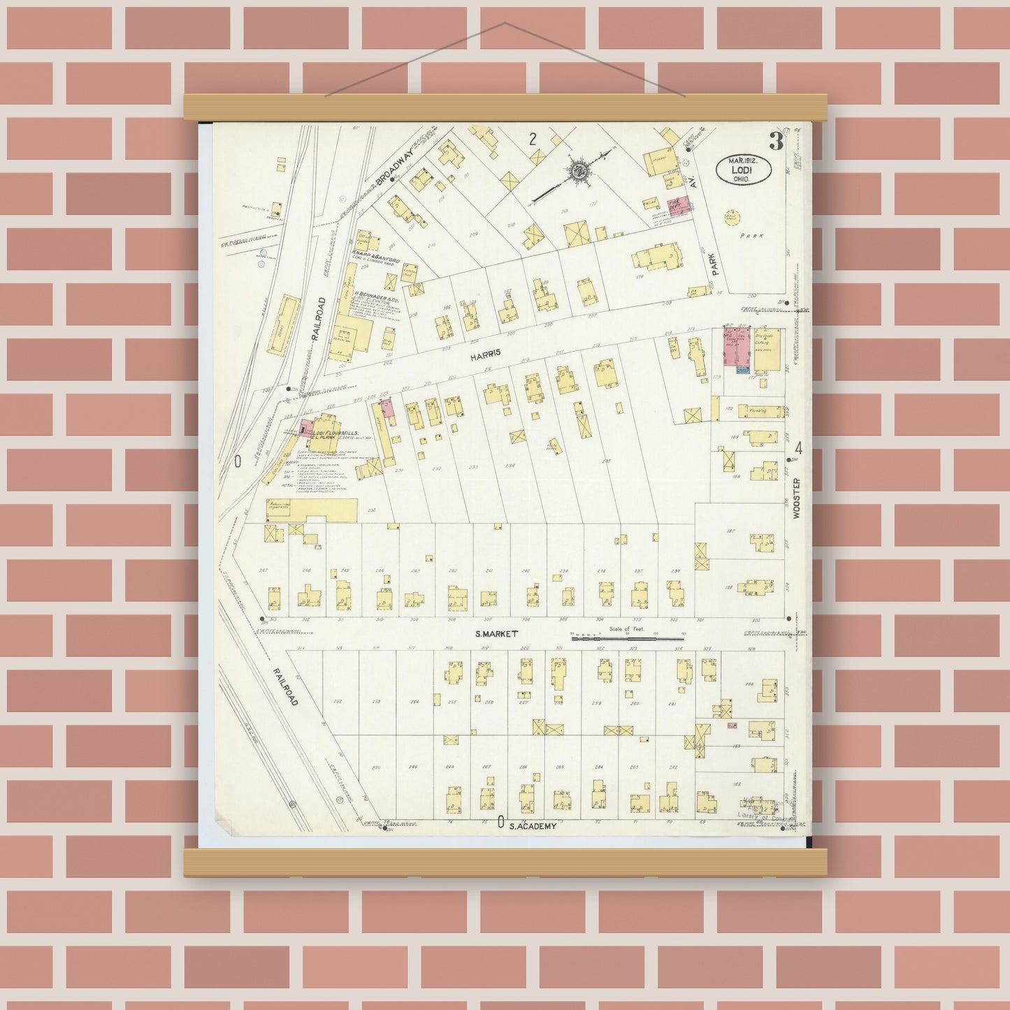 Old map wall art mockup — magnetic wood frame on brick wall — Sanborn Fire Insurance Map from Lodi, Medina County, Ohio (1912), Sheet #0003