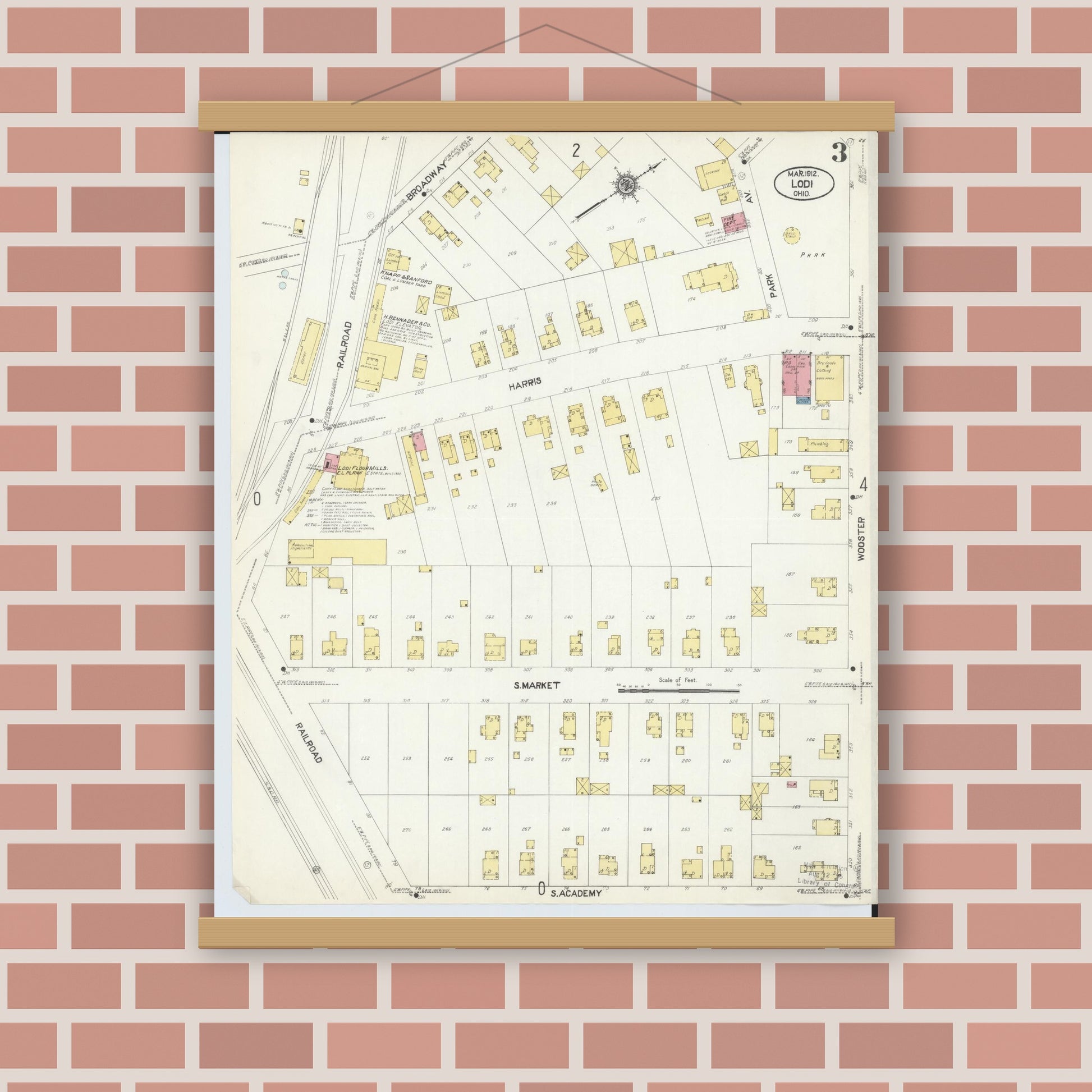 Old map wall art mockup — magnetic wood frame on brick wall — Sanborn Fire Insurance Map from Lodi, Medina County, Ohio (1912), Sheet #0003