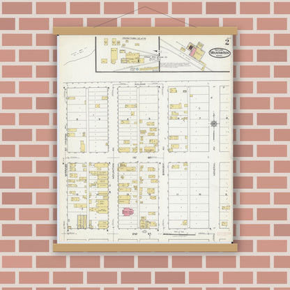 Old map wall art mockup — magnetic wood frame on brick wall — Sanborn Fire Insurance Map from Mountain Iron, Saint Louis County, Minnesota (1921), Sheet #0002