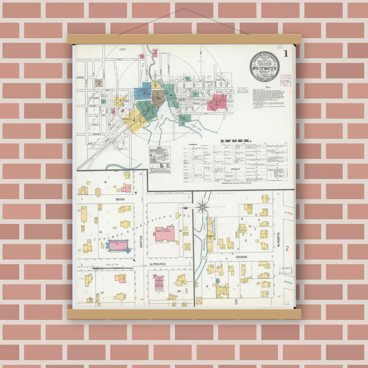 Old map wall art mockup — magnetic wood frame on brick wall — Sanborn Fire Insurance Map from Whitewater, Walworth County, Wisconsin (1904) - Complete Map Set