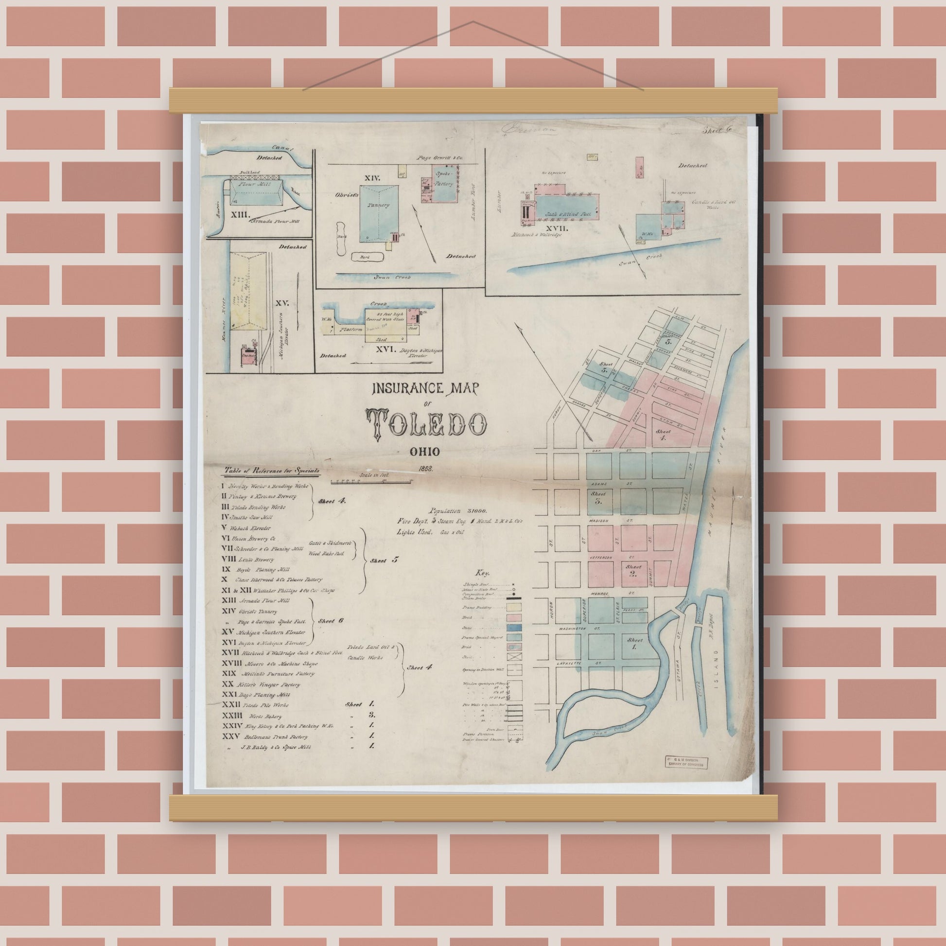Old map wall art mockup — magnetic wood frame on brick wall — Sanborn Fire Insurance Map from Toledo, Lucas County, Ohio (1868), Sheet #0001