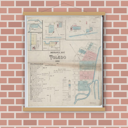 Old map wall art mockup — magnetic wood frame on brick wall — Sanborn Fire Insurance Map from Toledo, Lucas County, Ohio (1868), Sheet #0001