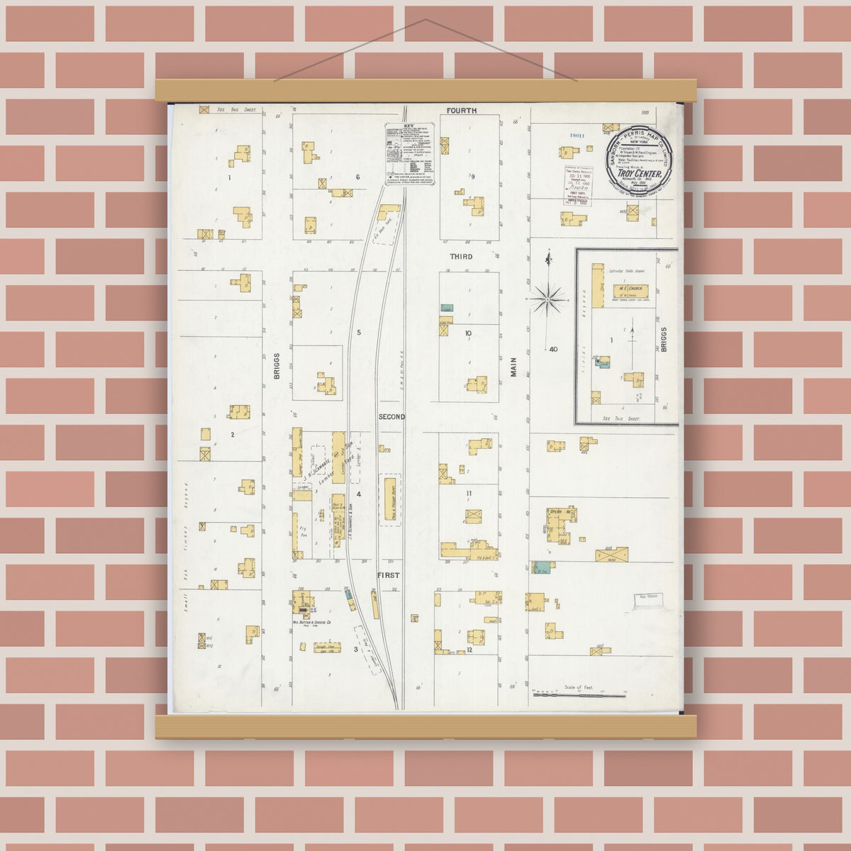 Old map wall art mockup — magnetic wood frame on brick wall — Sanborn Fire Insurance Map from Troy Center, Walworth County, Wisconsin (1900), Sheet #0001