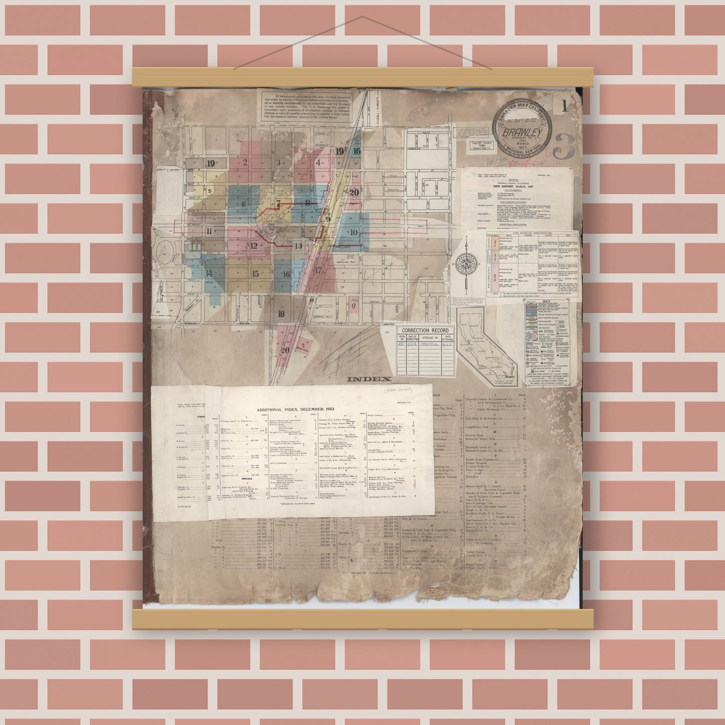 Old map wall art mockup — magnetic wood frame on brick wall — Sanborn Fire Insurance Map from Brawley, Imperial County, California (1962), Sheet #0001