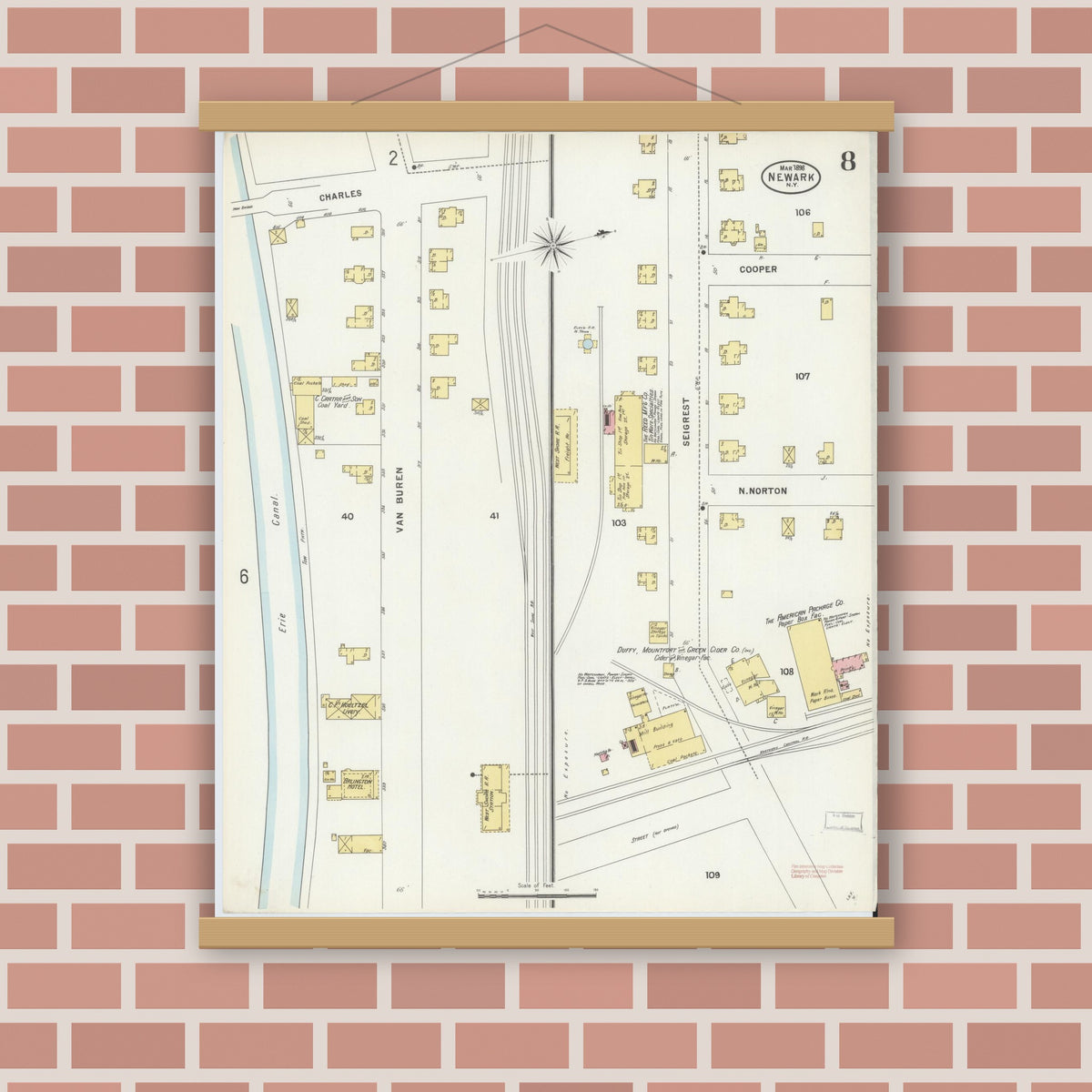 Old map wall art mockup — magnetic wood frame on brick wall — Sanborn Fire Insurance Map from Newark, Wayne County, New York (1898), Sheet #0008