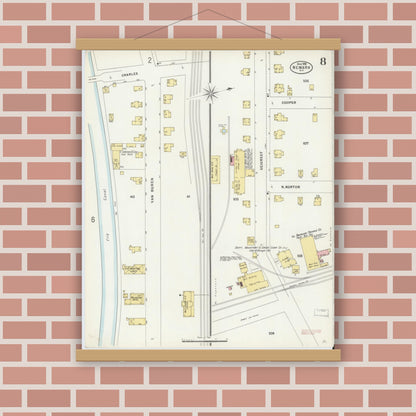 Old map wall art mockup — magnetic wood frame on brick wall — Sanborn Fire Insurance Map from Newark, Wayne County, New York (1898), Sheet #0008