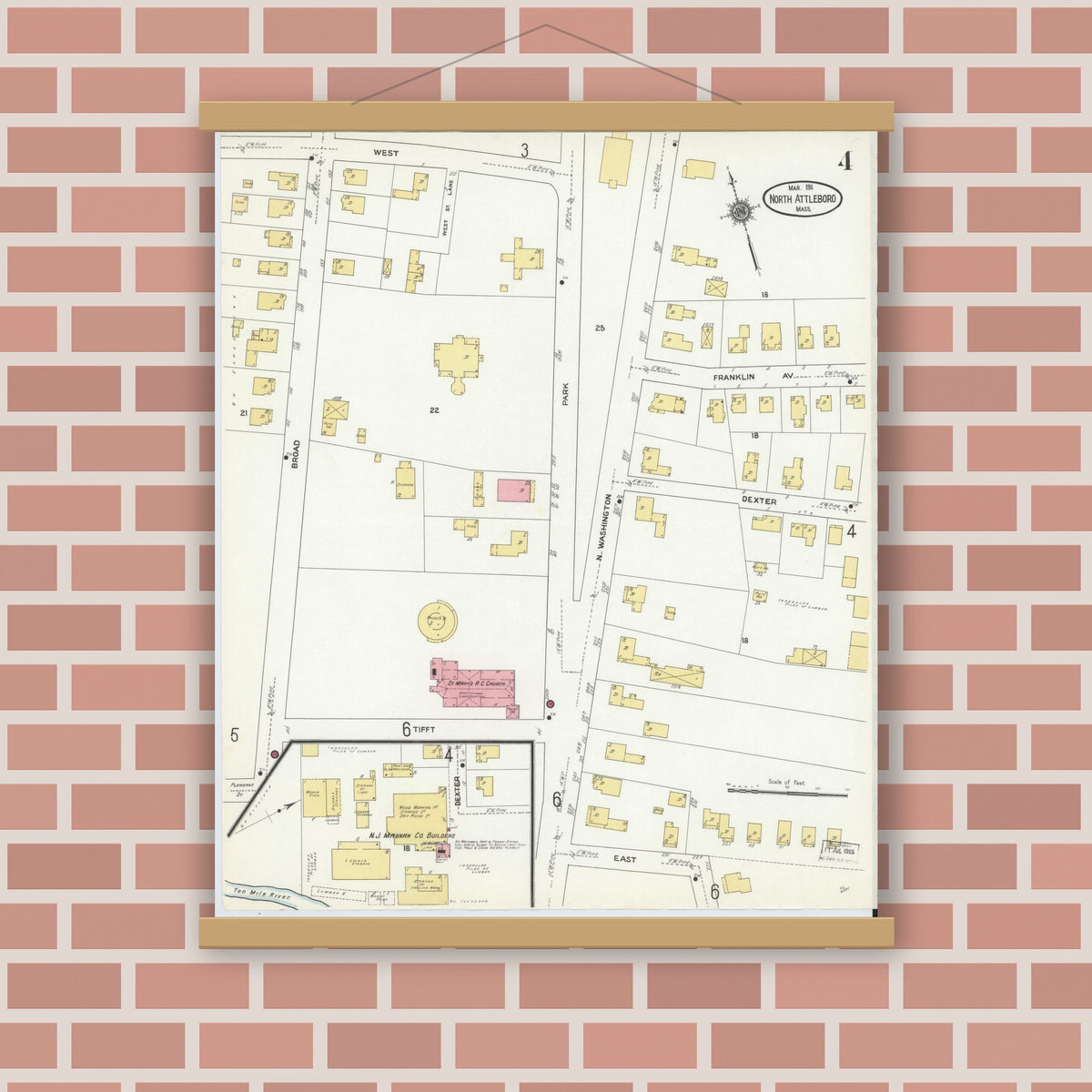 Old map wall art mockup — magnetic wood frame on brick wall — Sanborn Fire Insurance Map from North Attleborough, Bristol County, Massachusetts (1911), Sheet #0004