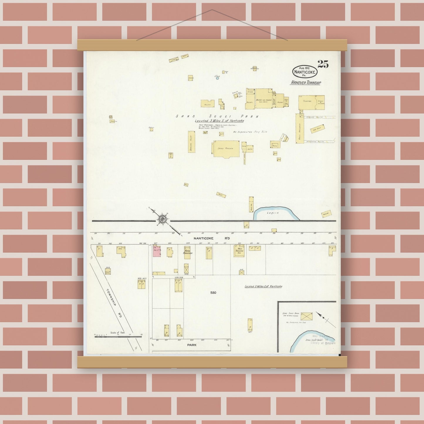Old map wall art mockup — magnetic wood frame on brick wall — Sanborn Fire Insurance Map from Nanticoke, Luzerne County, Pennsylvania (1912), Sheet #0025