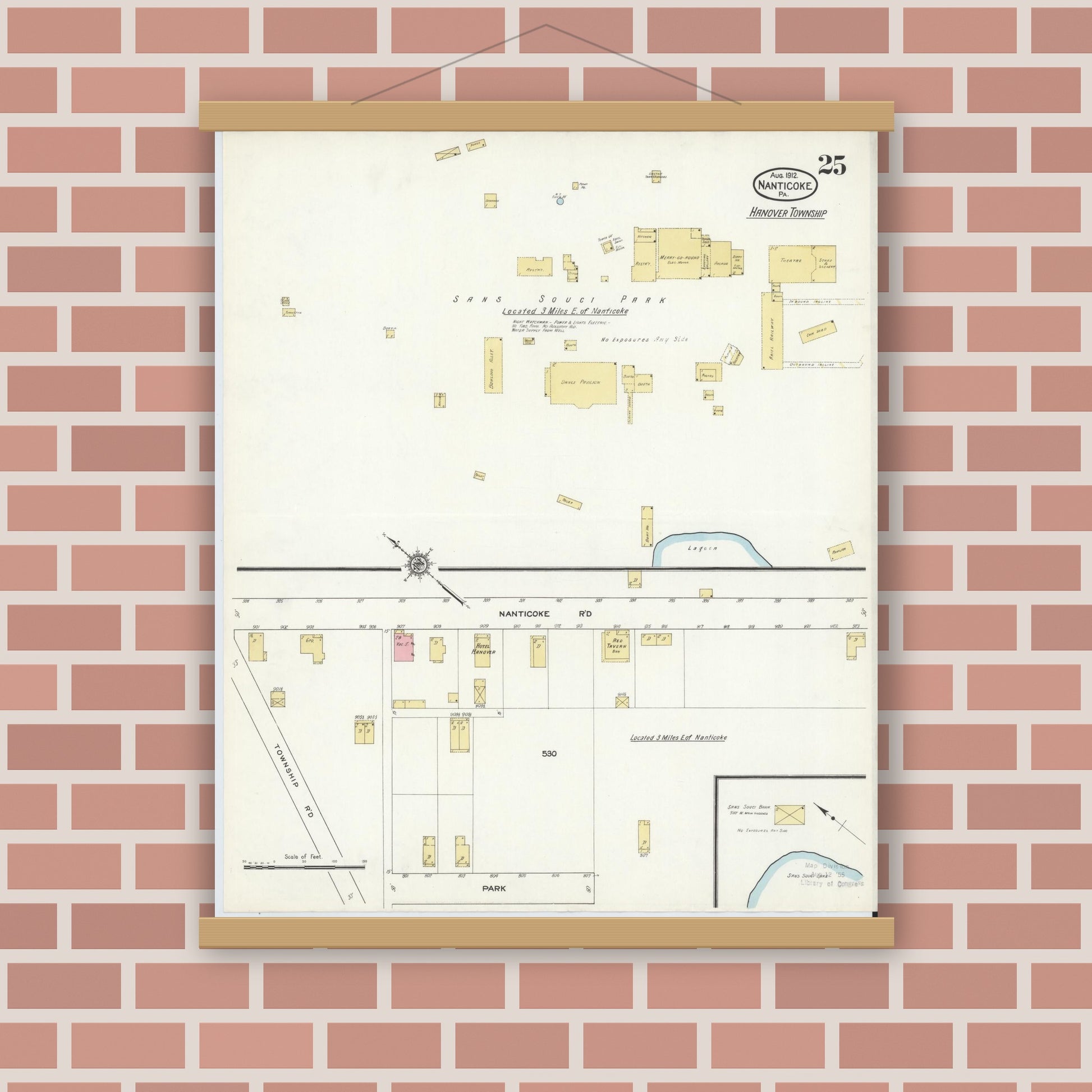 Old map wall art mockup — magnetic wood frame on brick wall — Sanborn Fire Insurance Map from Nanticoke, Luzerne County, Pennsylvania (1912), Sheet #0025