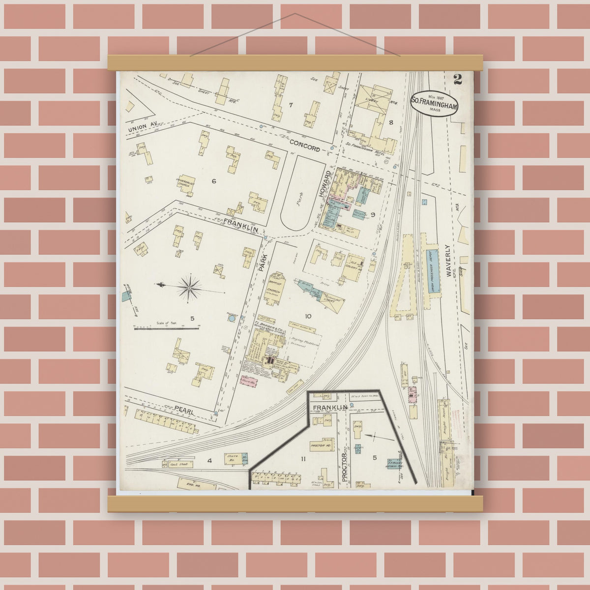 Old map wall art mockup — magnetic wood frame on brick wall — Sanborn Fire Insurance Map from South Farmington, Middlesex County, Massachusetts (1887), Sheet #0002