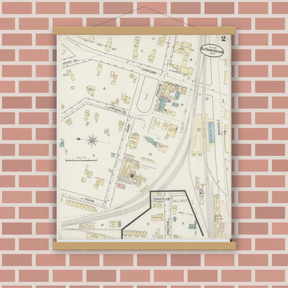 Old map wall art mockup — magnetic wood frame on brick wall — Sanborn Fire Insurance Map from South Farmington, Middlesex County, Massachusetts (1887), Sheet #0002