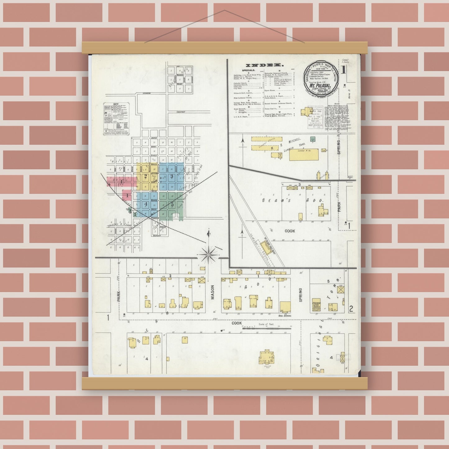 Old map wall art mockup — magnetic wood frame on brick wall — Sanborn Fire Insurance Map from Mount Pulaski, Logan County, Illinois (1900) - Complete Map Set