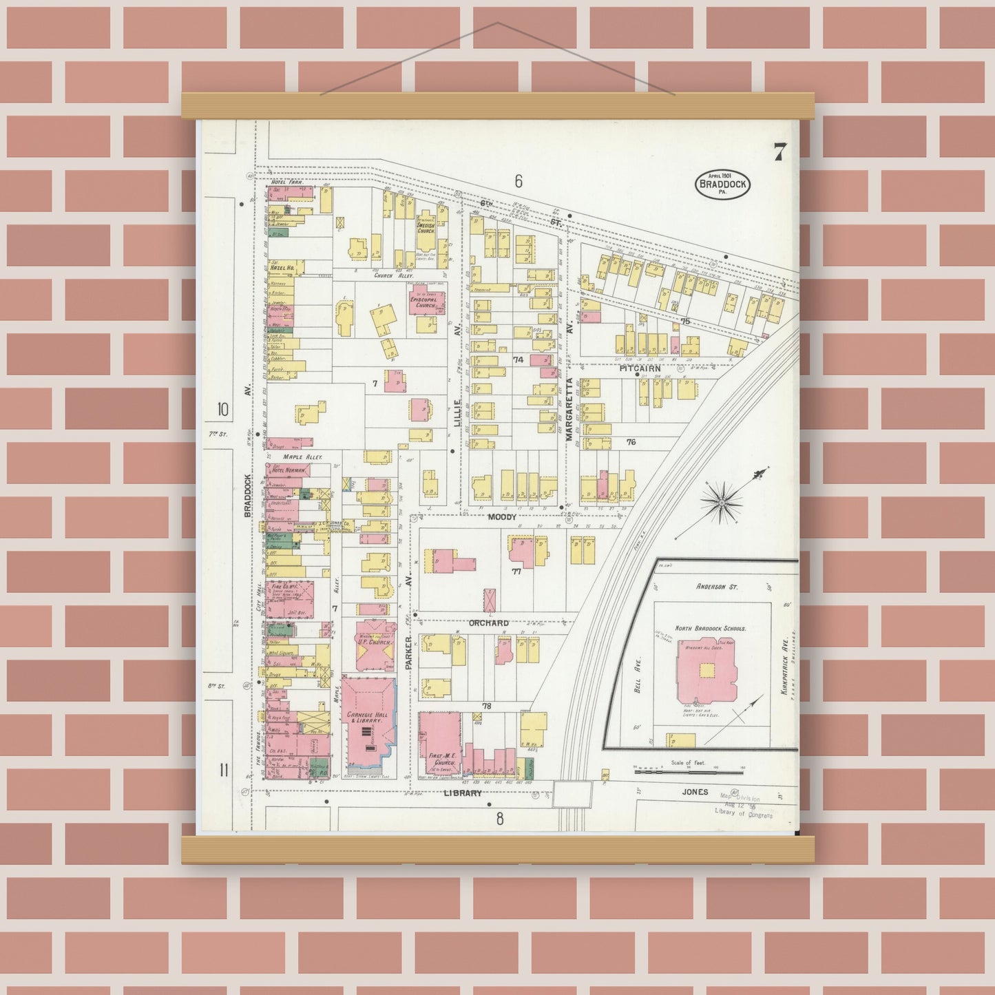 Old map wall art mockup — magnetic wood frame on brick wall — Sanborn Fire Insurance Map from Braddock, Allegheny County, Pennsylvania (1901), Sheet #0007