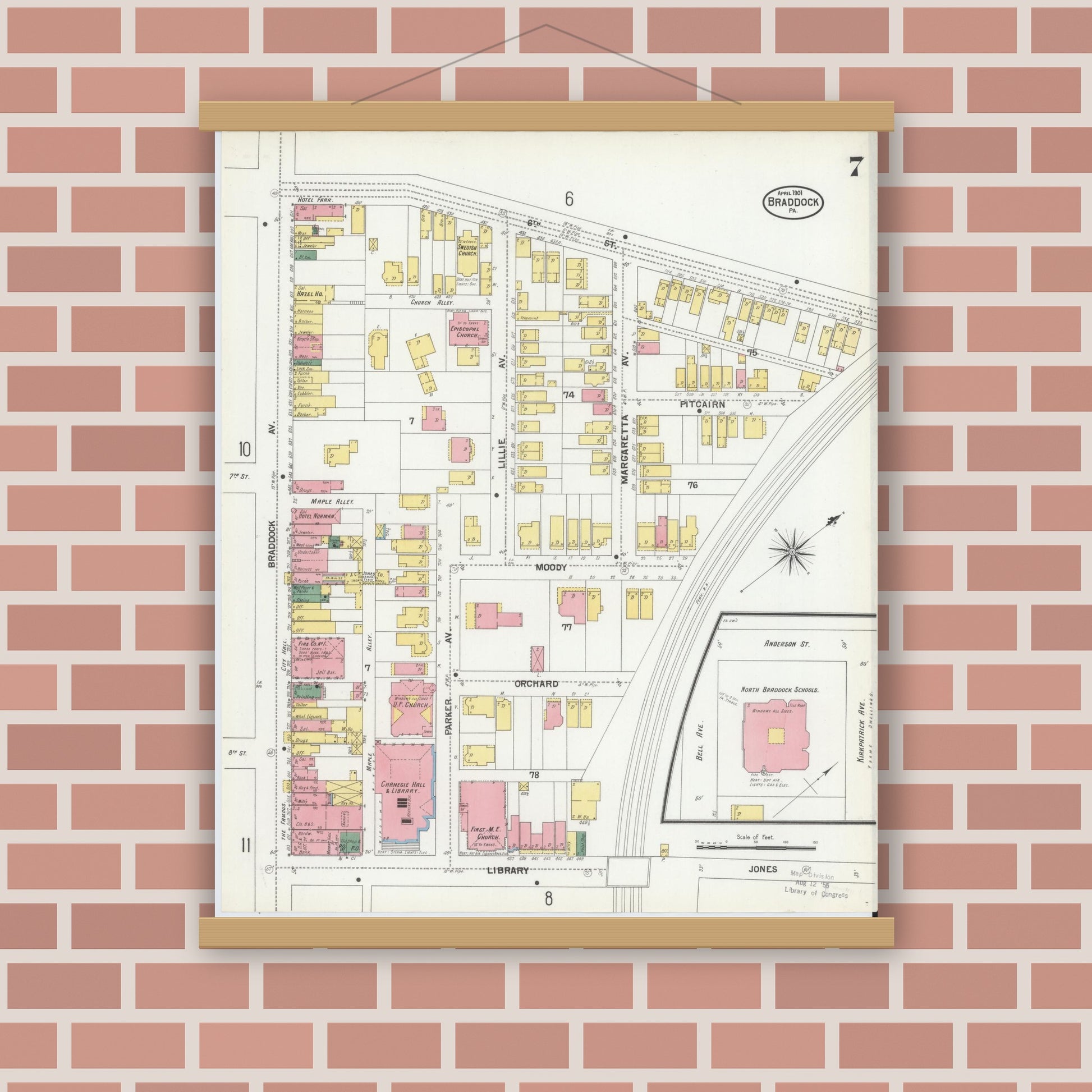 Old map wall art mockup — magnetic wood frame on brick wall — Sanborn Fire Insurance Map from Braddock, Allegheny County, Pennsylvania (1901), Sheet #0007
