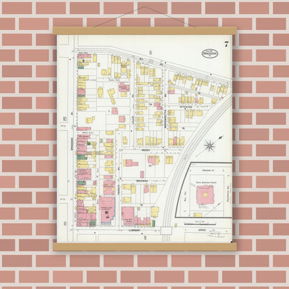 Old map wall art mockup — magnetic wood frame on brick wall — Sanborn Fire Insurance Map from Braddock, Allegheny County, Pennsylvania (1901), Sheet #0007