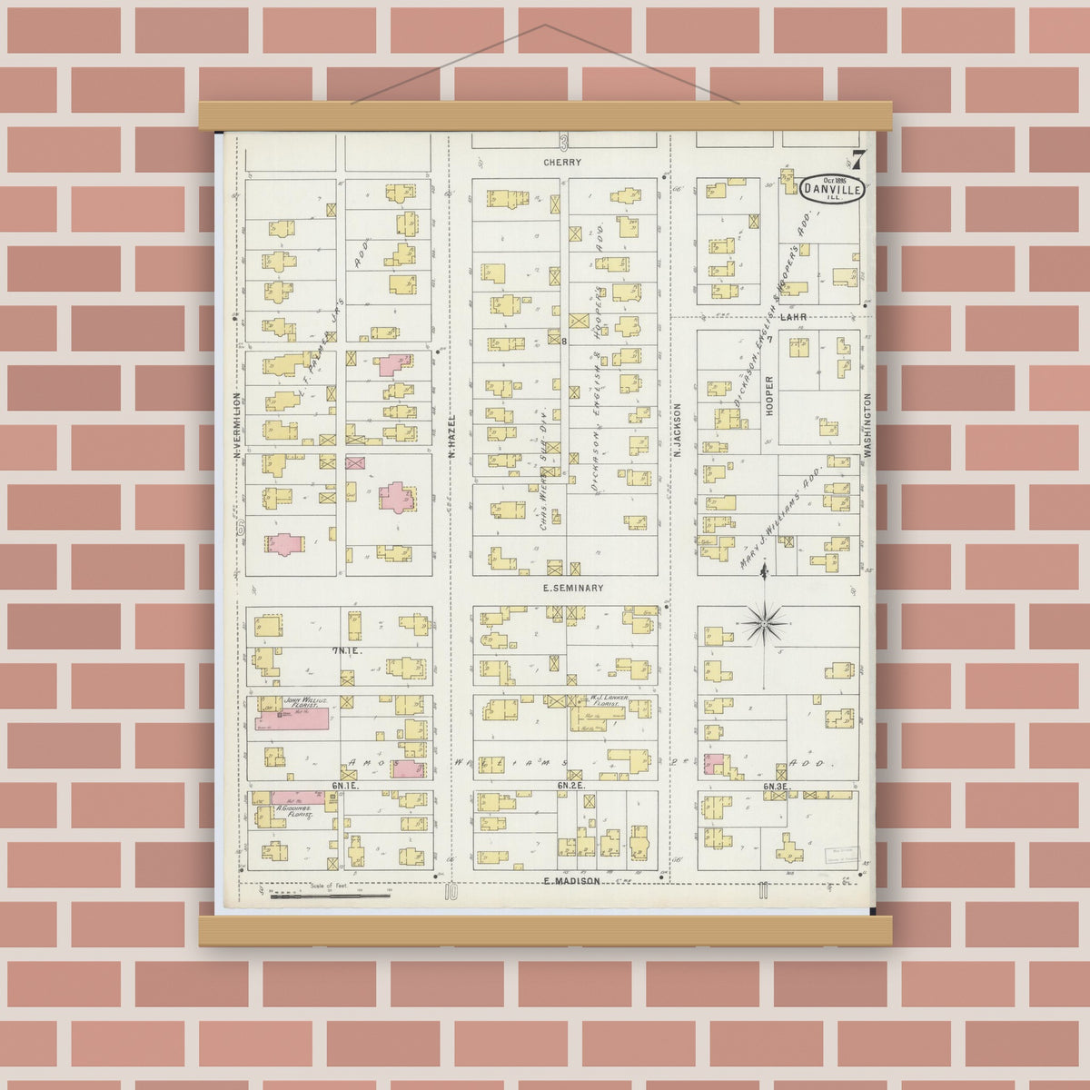 Old map wall art mockup — magnetic wood frame on brick wall — Sanborn Fire Insurance Map from Danville, Vermilion County, Illinois (1895), Sheet #0007