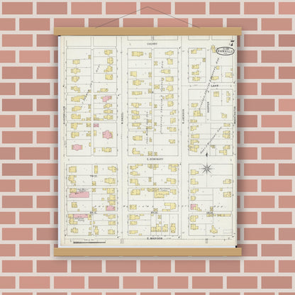Old map wall art mockup — magnetic wood frame on brick wall — Sanborn Fire Insurance Map from Danville, Vermilion County, Illinois (1895), Sheet #0007