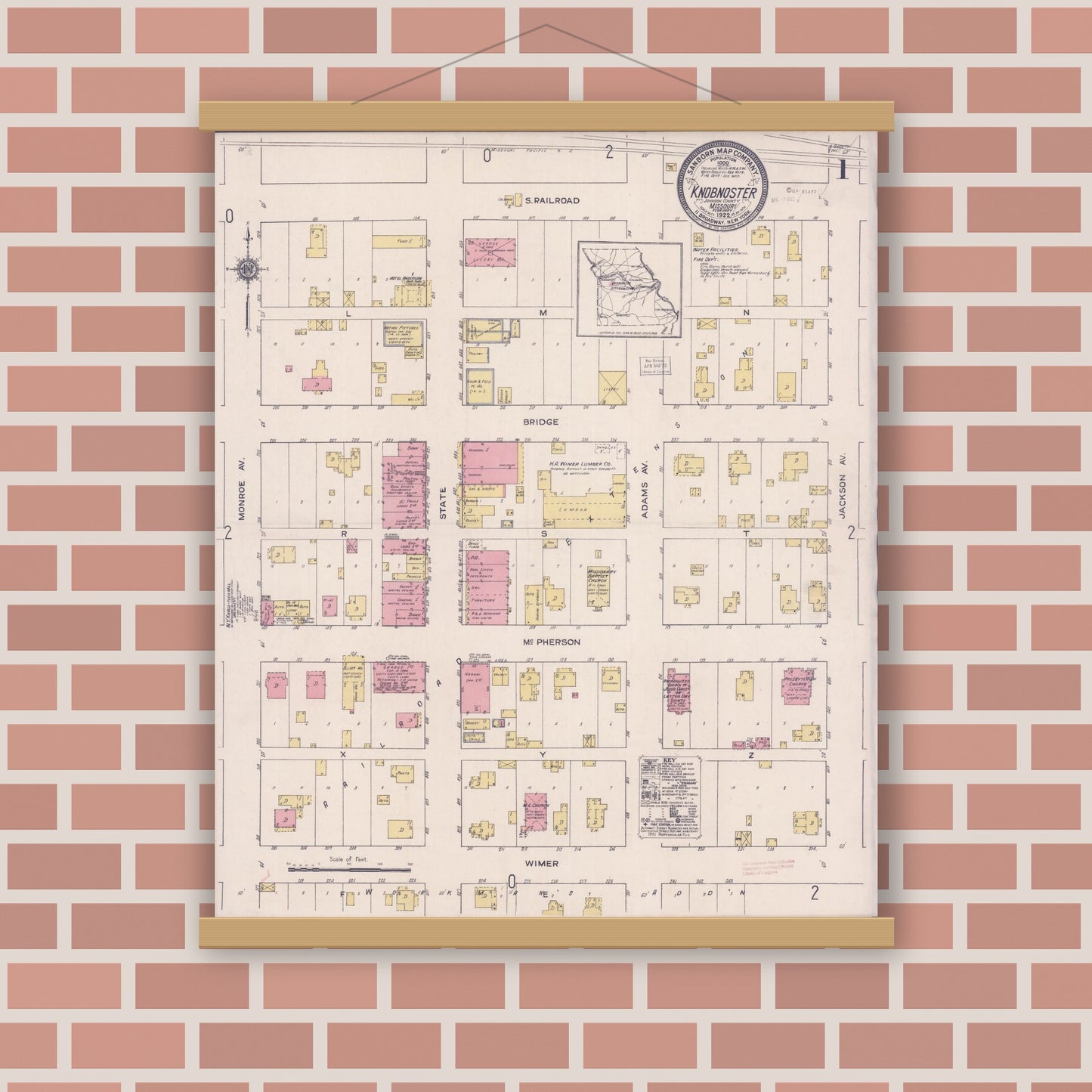 Old map wall art mockup — magnetic wood frame on brick wall — Sanborn Fire Insurance Map from Knobnoster, Johnson County, Missouri (1922) - Complete Map Set