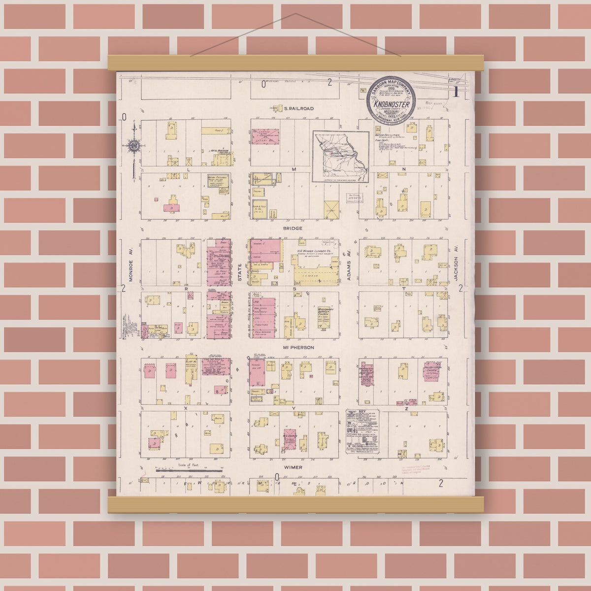 Old map wall art mockup — magnetic wood frame on brick wall — Sanborn Fire Insurance Map from Knobnoster, Johnson County, Missouri (1922) - Complete Map Set