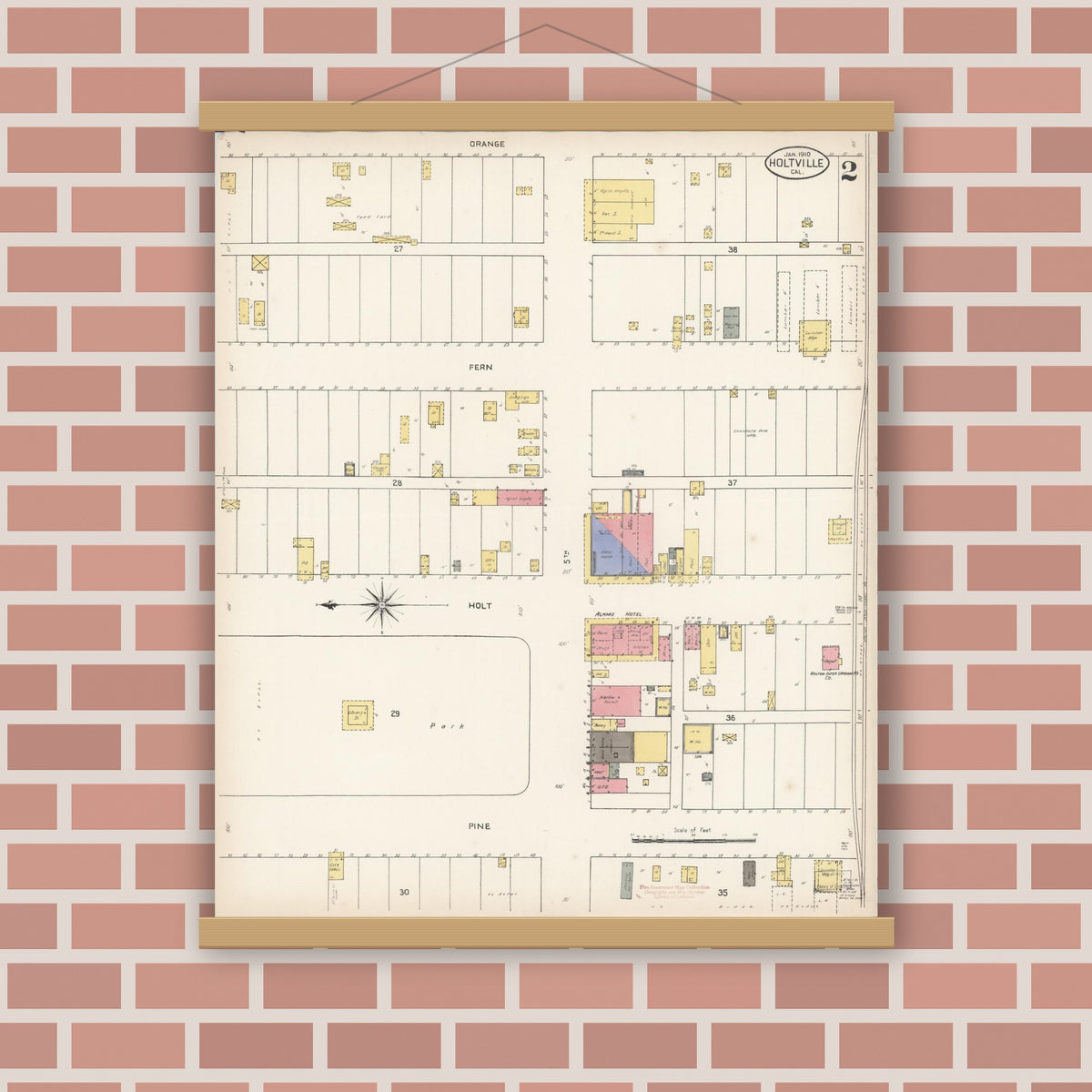 Old map wall art mockup — magnetic wood frame on brick wall — Sanborn Fire Insurance Map from Holtville, Imperial County, California (1910), Sheet #0002