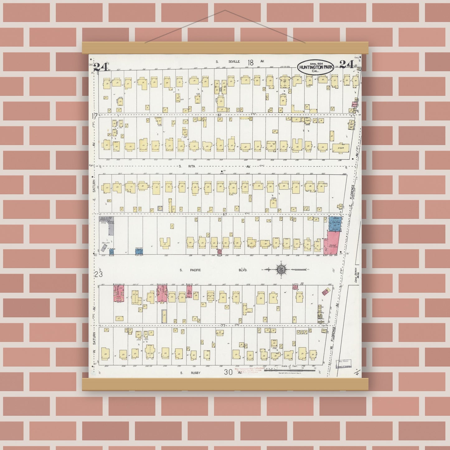 Old map wall art mockup — magnetic wood frame on brick wall — Sanborn Fire Insurance Map from Huntington Park, Los Angeles County, California (1924), Sheet #0024