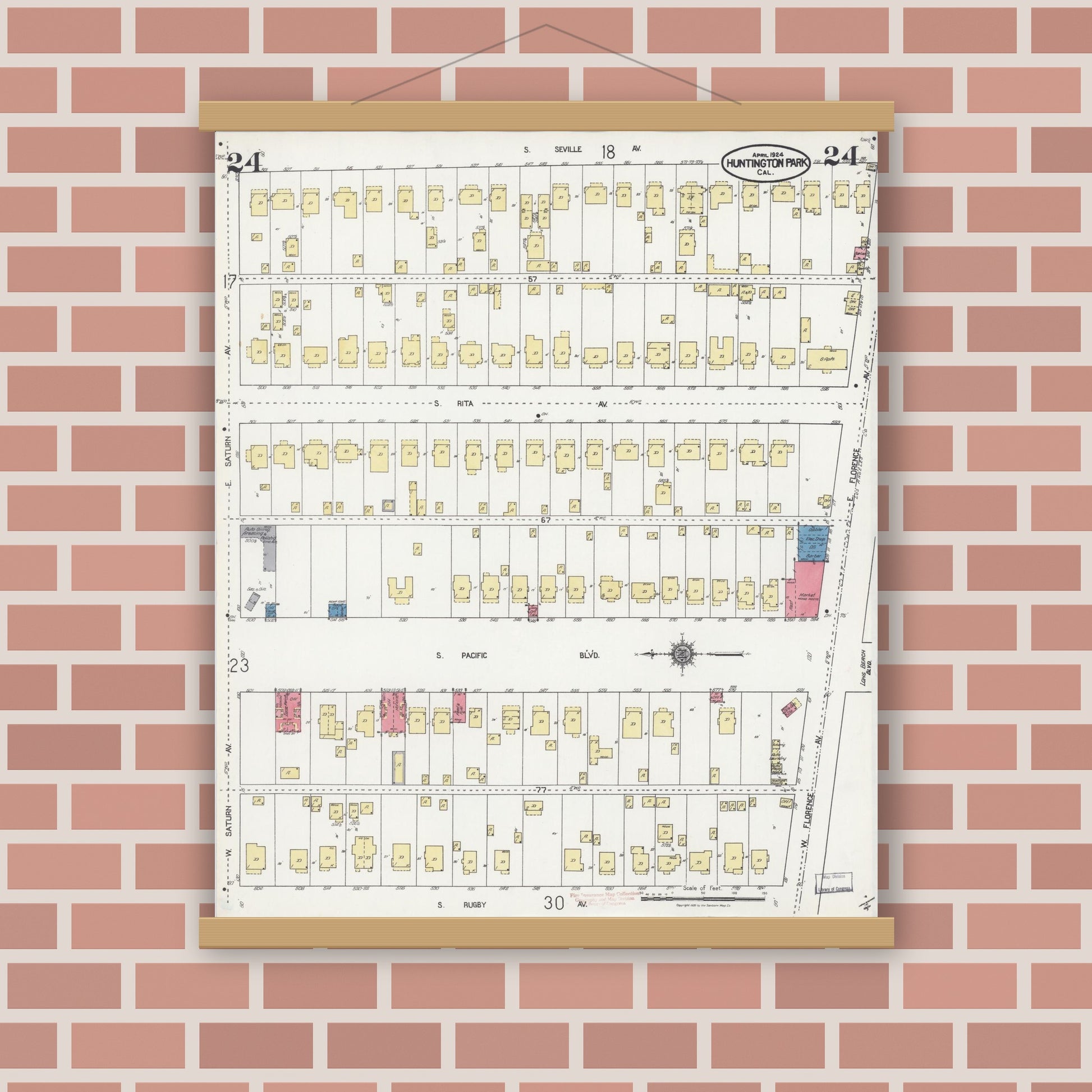 Old map wall art mockup — magnetic wood frame on brick wall — Sanborn Fire Insurance Map from Huntington Park, Los Angeles County, California (1924), Sheet #0024