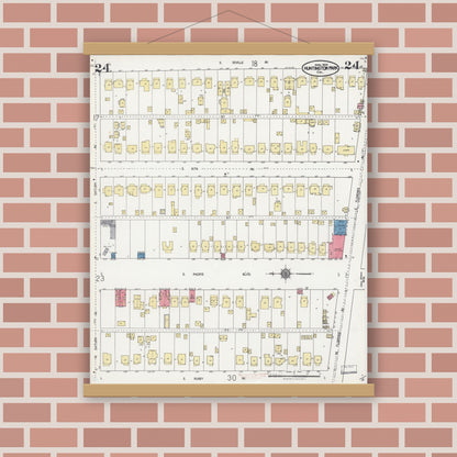 Old map wall art mockup — magnetic wood frame on brick wall — Sanborn Fire Insurance Map from Huntington Park, Los Angeles County, California (1924), Sheet #0024
