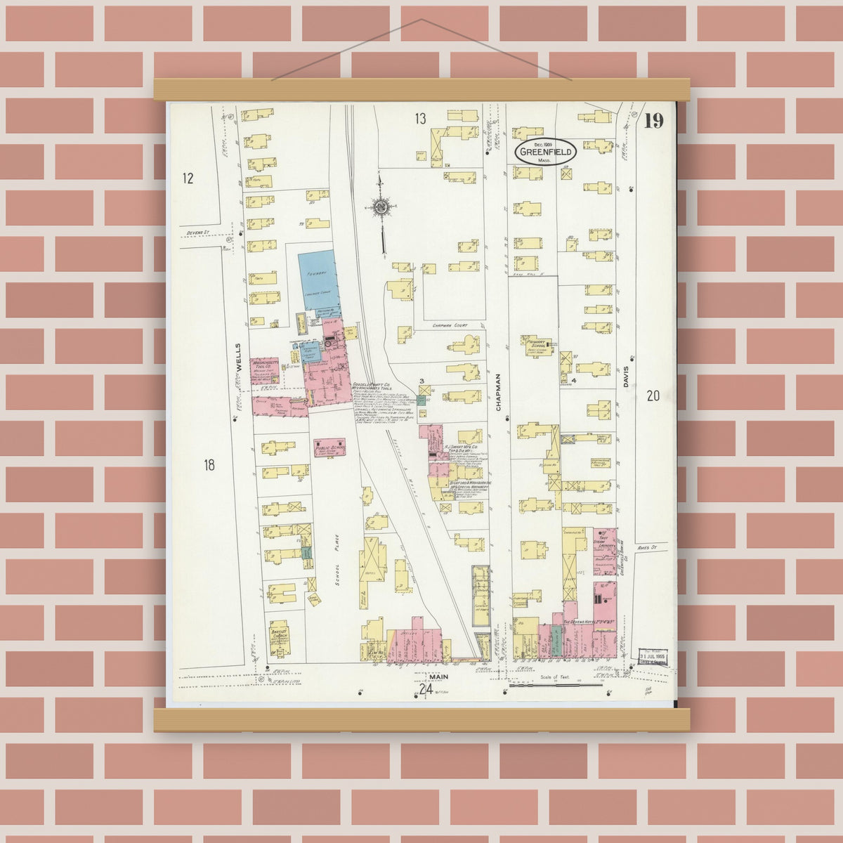Old map wall art mockup — magnetic wood frame on brick wall — Sanborn Fire Insurance Map from Greenfield, Franklin County, Massachusetts (1909), Sheet #0019