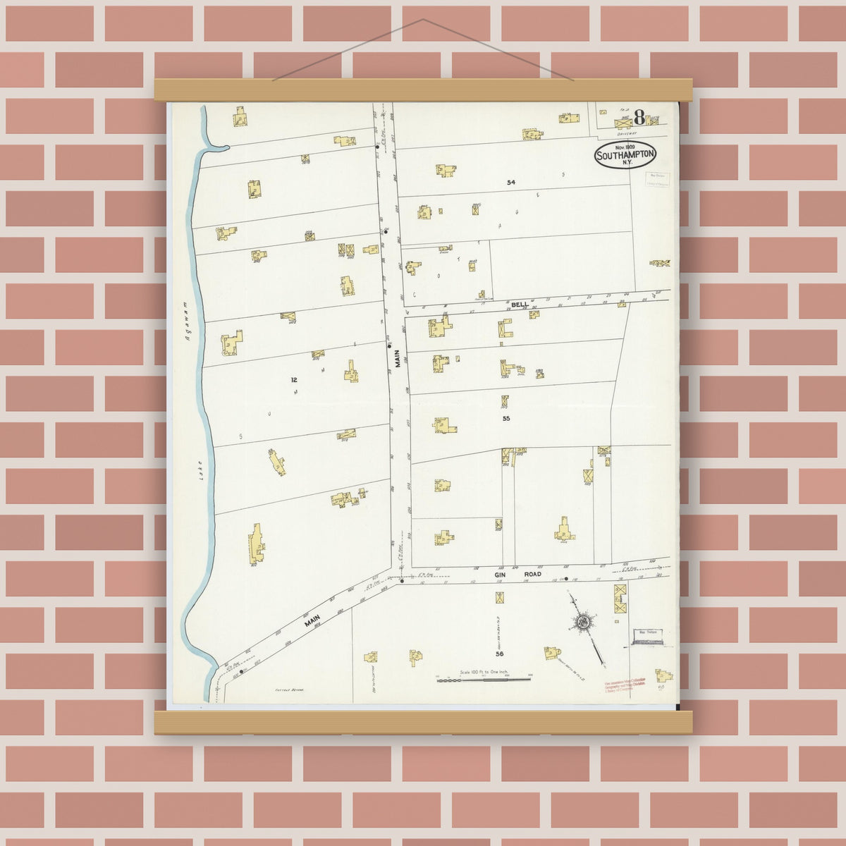Old map wall art mockup — magnetic wood frame on brick wall — Sanborn Fire Insurance Map from Southampton, Suffolk County, New York (1909), Sheet #0008