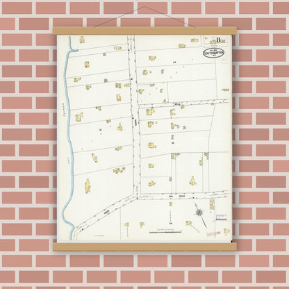 Old map wall art mockup — magnetic wood frame on brick wall — Sanborn Fire Insurance Map from Southampton, Suffolk County, New York (1909), Sheet #0008
