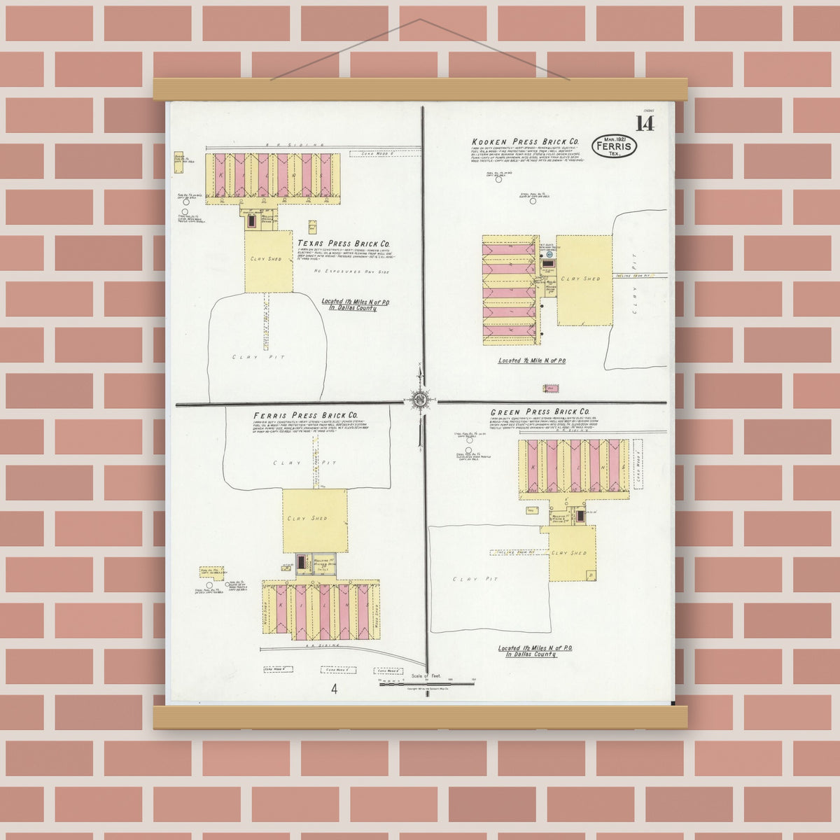 Old map wall art mockup — magnetic wood frame on brick wall — Sanborn Fire Insurance Map from Ferris, Ellis County, Texas (1921), Sheet #0014