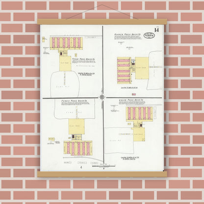 Old map wall art mockup — magnetic wood frame on brick wall — Sanborn Fire Insurance Map from Ferris, Ellis County, Texas (1921), Sheet #0014