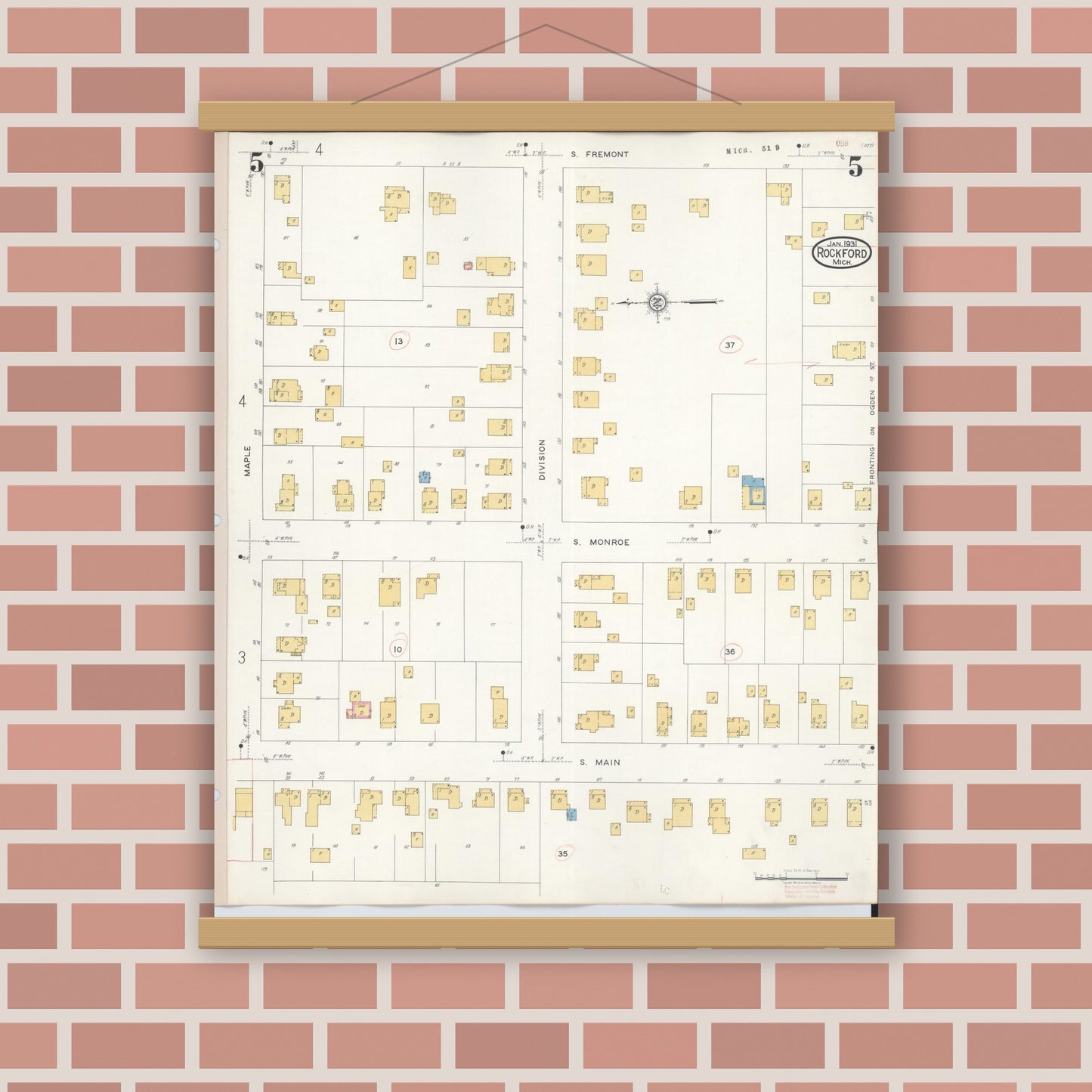 Old map wall art mockup — magnetic wood frame on brick wall — Sanborn Fire Insurance Map from Rockford, Kent County, Michigan (1931), Sheet #0005