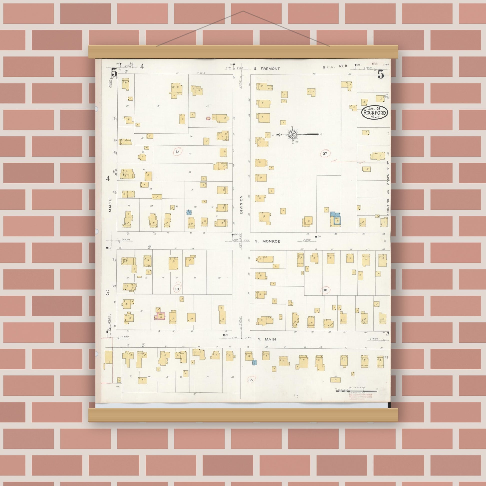 Old map wall art mockup — magnetic wood frame on brick wall — Sanborn Fire Insurance Map from Rockford, Kent County, Michigan (1931), Sheet #0005