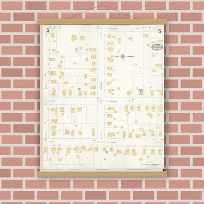 Old map wall art mockup — magnetic wood frame on brick wall — Sanborn Fire Insurance Map from Rockford, Kent County, Michigan (1931), Sheet #0005