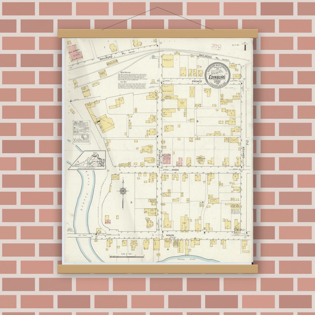 Old map wall art mockup — magnetic wood frame on brick wall — Sanborn Fire Insurance Map from Edinburg, Shenandoah County, Virginia (1915) - Complete Map Set