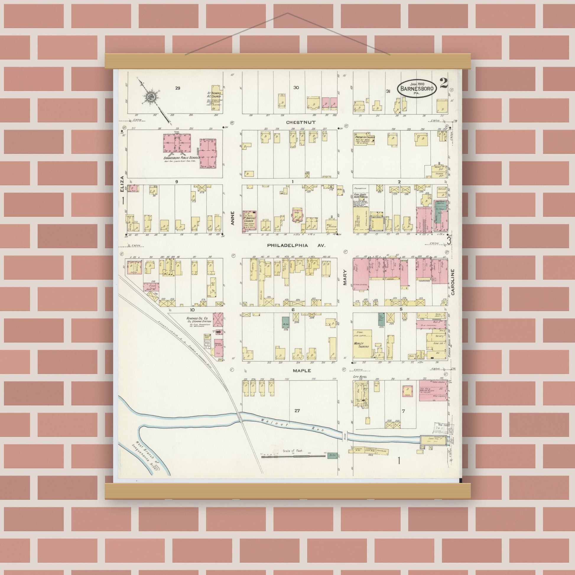 Old map wall art mockup — magnetic wood frame on brick wall — Sanborn Fire Insurance Map from Barnesboro, Cambria County, Pennsylvania (1910), Sheet #0002