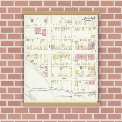 Old map wall art mockup — magnetic wood frame on brick wall — Sanborn Fire Insurance Map from Barnesboro, Cambria County, Pennsylvania (1910), Sheet #0002