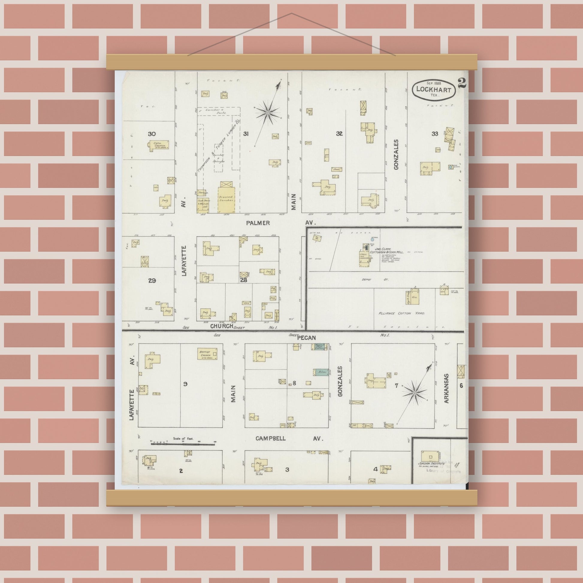 Old map wall art mockup — magnetic wood frame on brick wall — Sanborn Fire Insurance Map from Lockhart, Caldwell County, Texas (1888), Sheet #0002