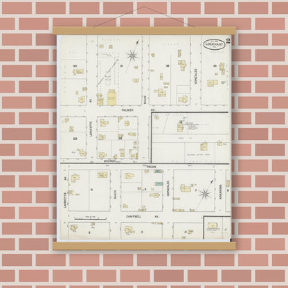Old map wall art mockup — magnetic wood frame on brick wall — Sanborn Fire Insurance Map from Lockhart, Caldwell County, Texas (1888), Sheet #0002