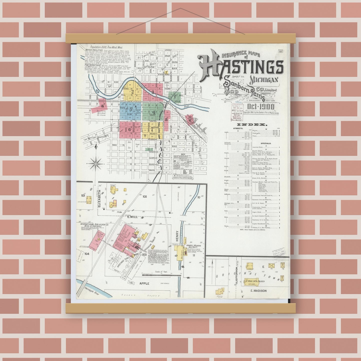 Old map wall art mockup — magnetic wood frame on brick wall — Sanborn Fire Insurance Map from Hastings, Barry County, Michigan (1900), Sheet #0001