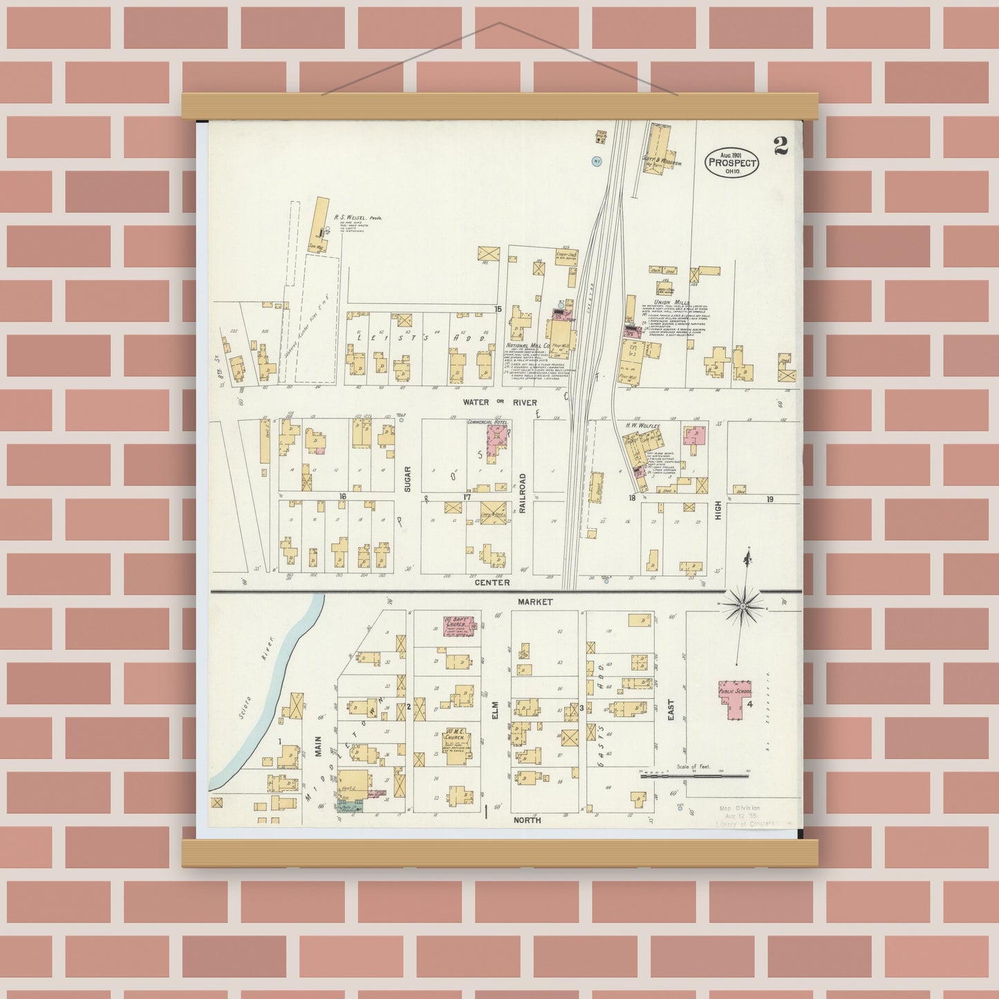Old map wall art mockup — magnetic wood frame on brick wall — Sanborn Fire Insurance Map from Prospect, Marion County, Ohio (1901), Sheet #0002