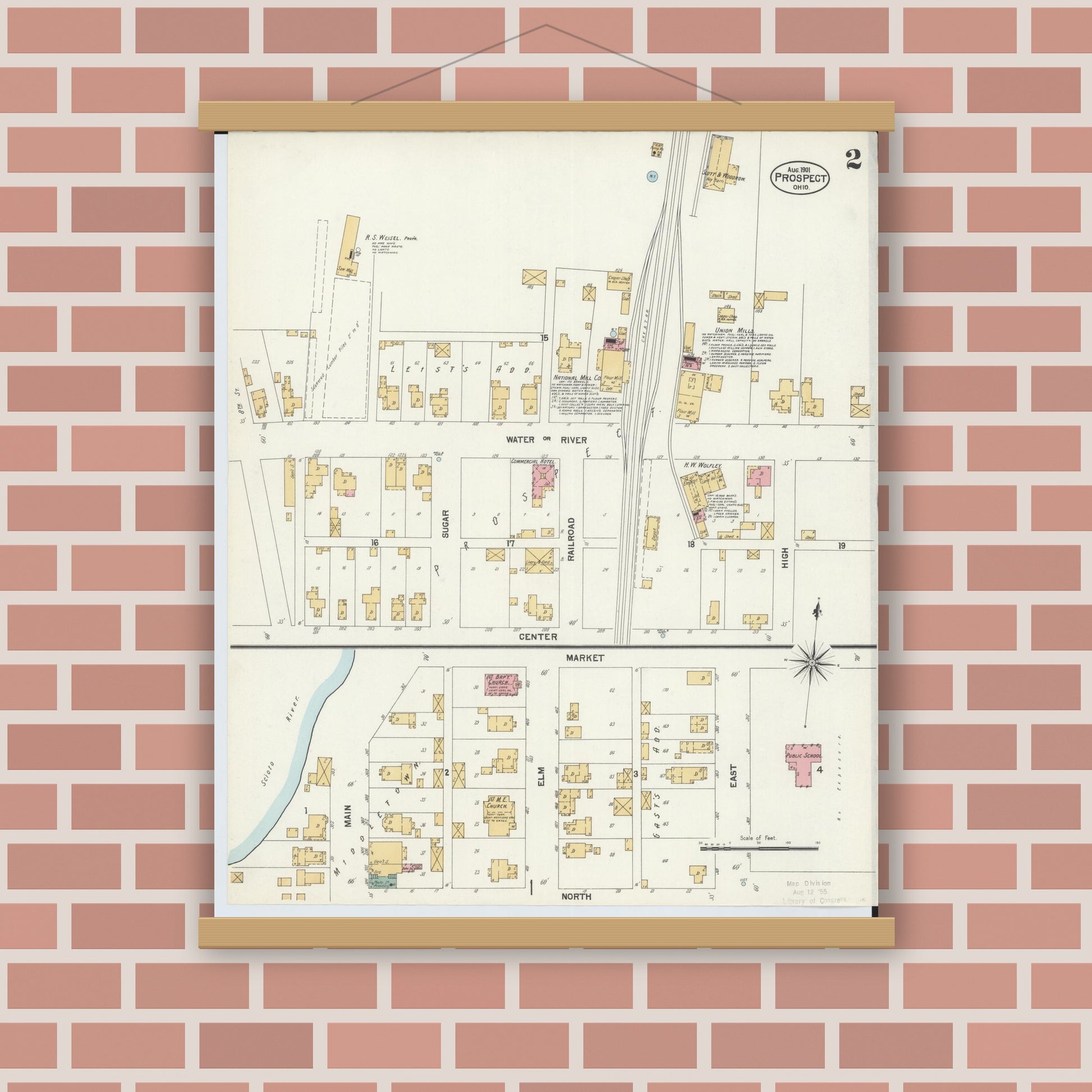 Old map wall art mockup — magnetic wood frame on brick wall — Sanborn Fire Insurance Map from Prospect, Marion County, Ohio (1901), Sheet #0002