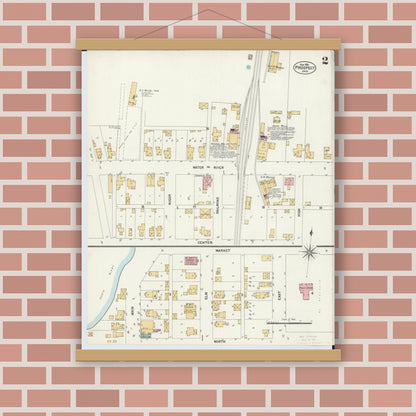 Old map wall art mockup — magnetic wood frame on brick wall — Sanborn Fire Insurance Map from Prospect, Marion County, Ohio (1901), Sheet #0002