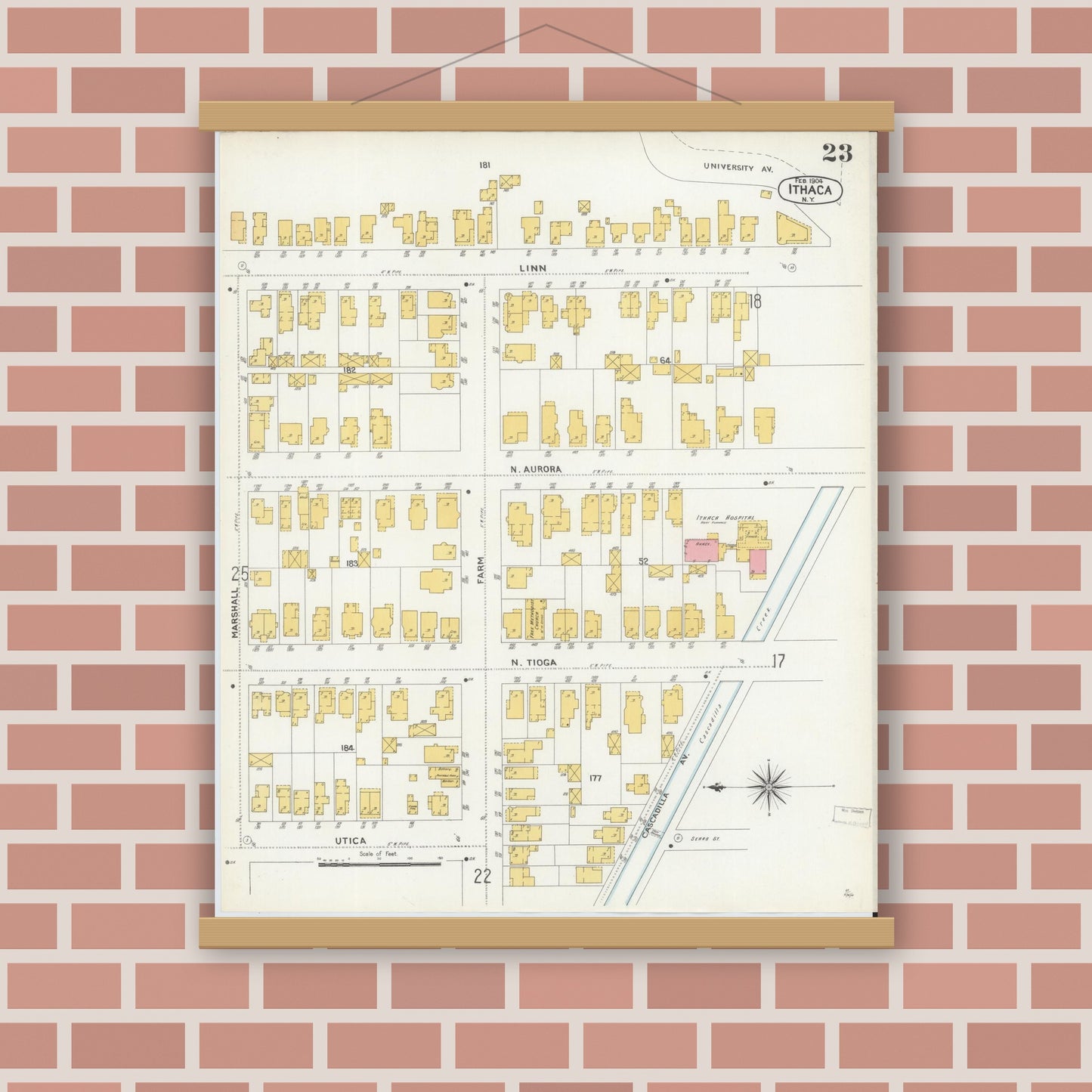 Old map wall art mockup — magnetic wood frame on brick wall — Sanborn Fire Insurance Map from Ithaca, Tompkins County, New York (1904), Sheet #0023